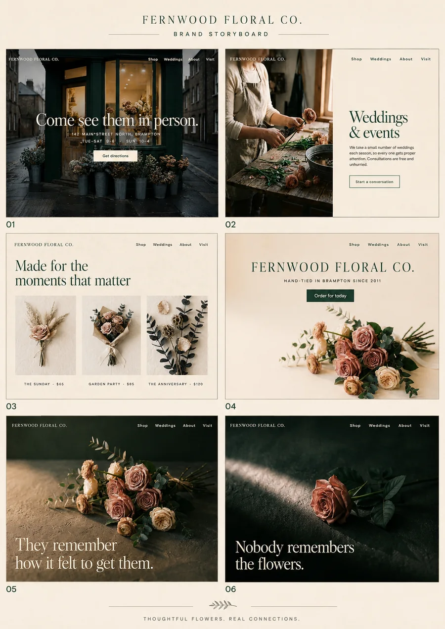 Storyboard for Fernwood Floral Co.: six frames of a florist's shopfront, arrangements, and closing line.