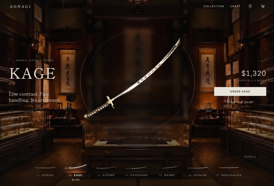 Aonagi Katana House interactive 3D website showing a detailed katana model in a dark showroom