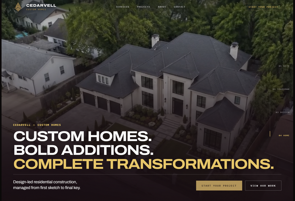 Cedarvell Custom Homes website showing a cinematic completed custom home