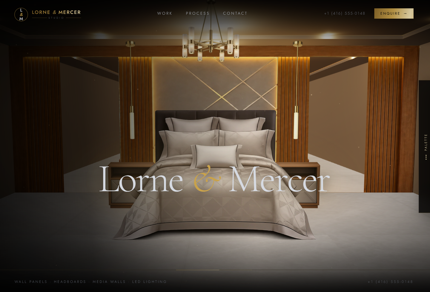 Lorne and Mercer luxury interiors website featuring an interactive 3D bedroom