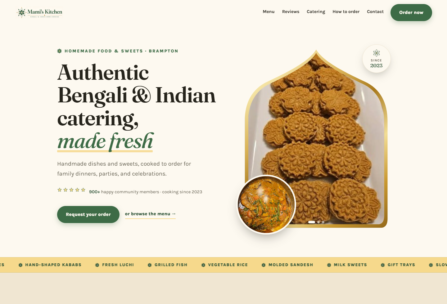 Mami's Kitchen catering website with warm editorial typography and food photography