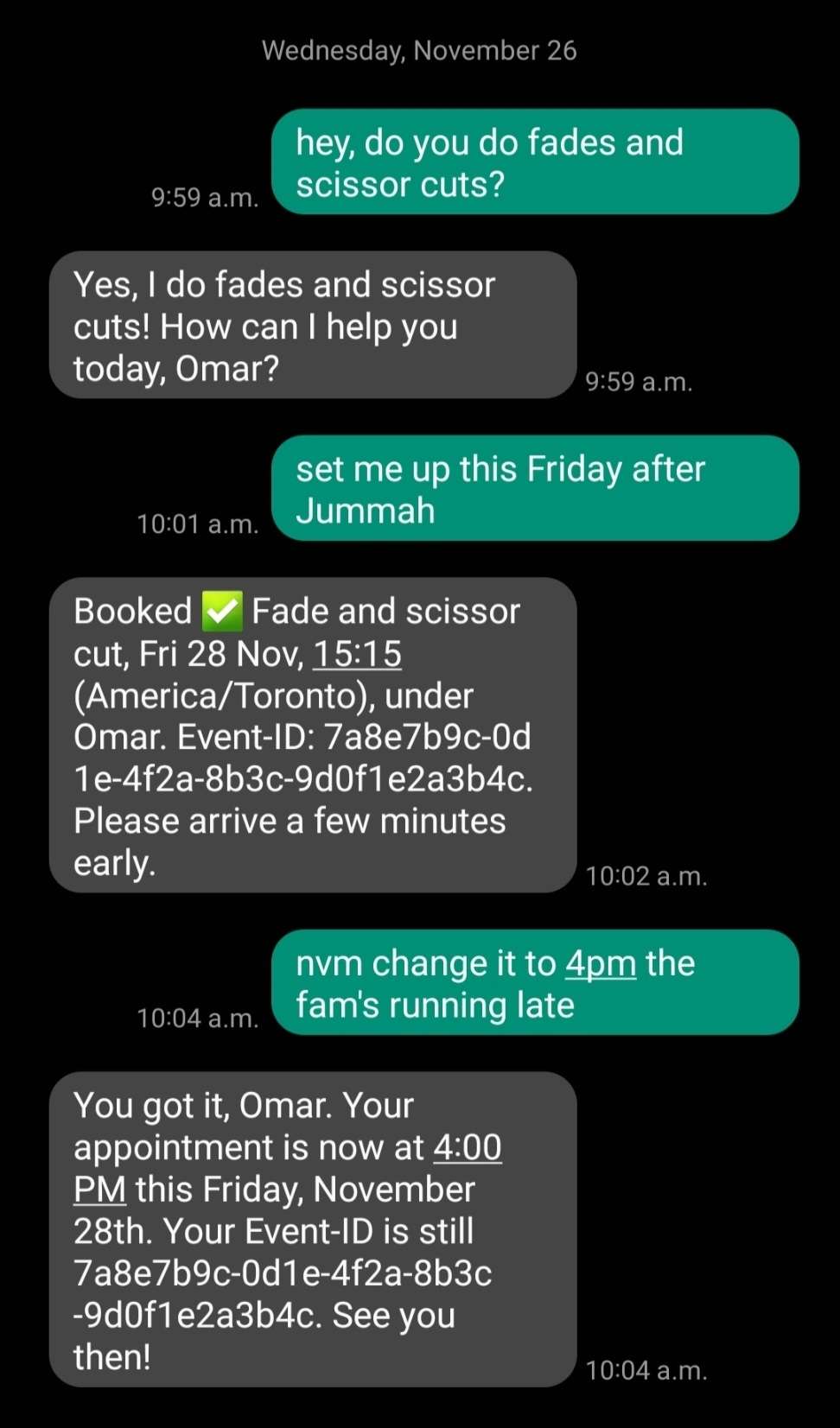 Barber SMS conversation showing contextual booking and rescheduling with human in the loop