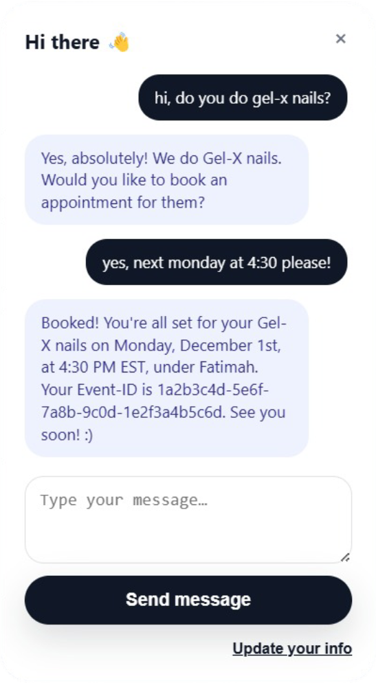 Qurra website chat widget embedded on a nail tech’s site