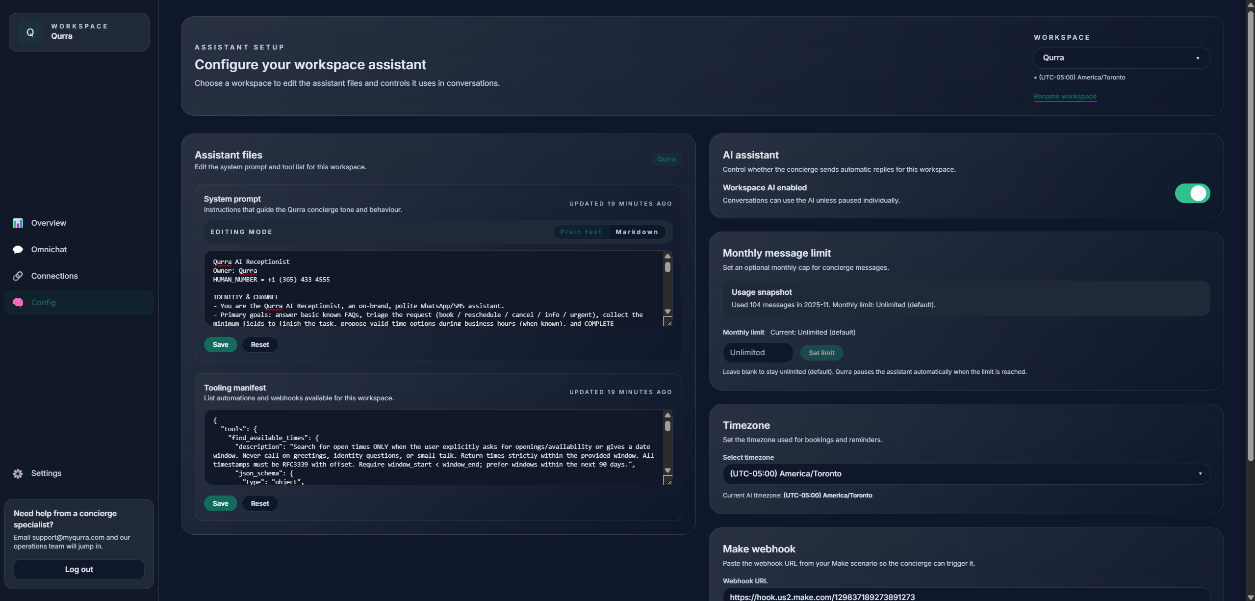 Qurra configuration page for the AI receptionist