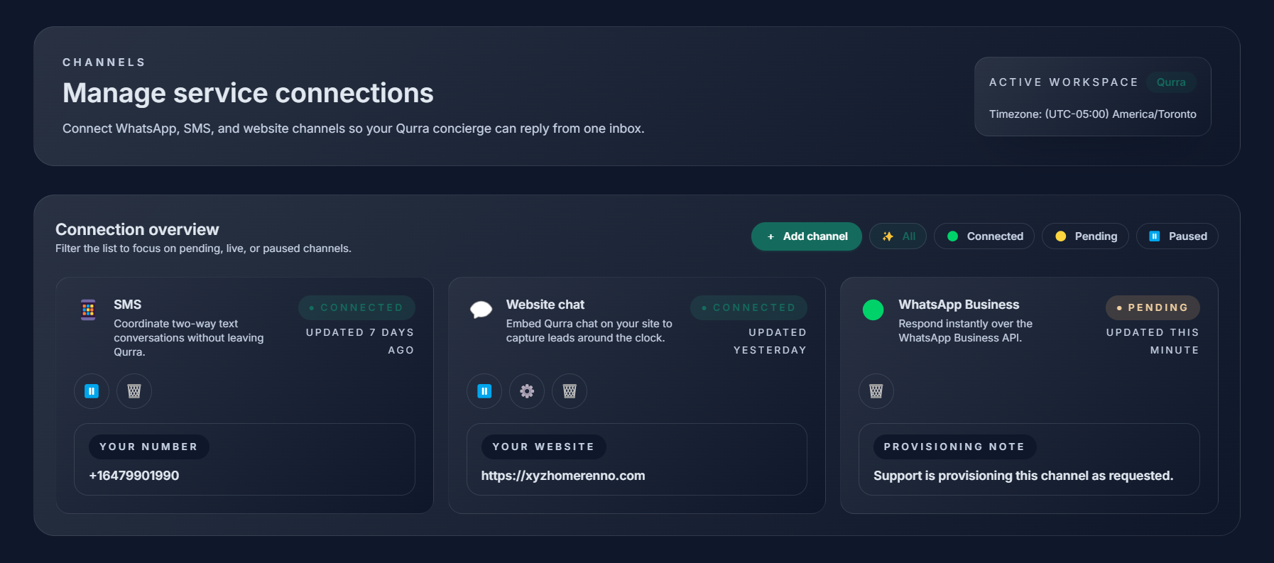 Channel connections page showing SMS, WhatsApp, and web chat status.