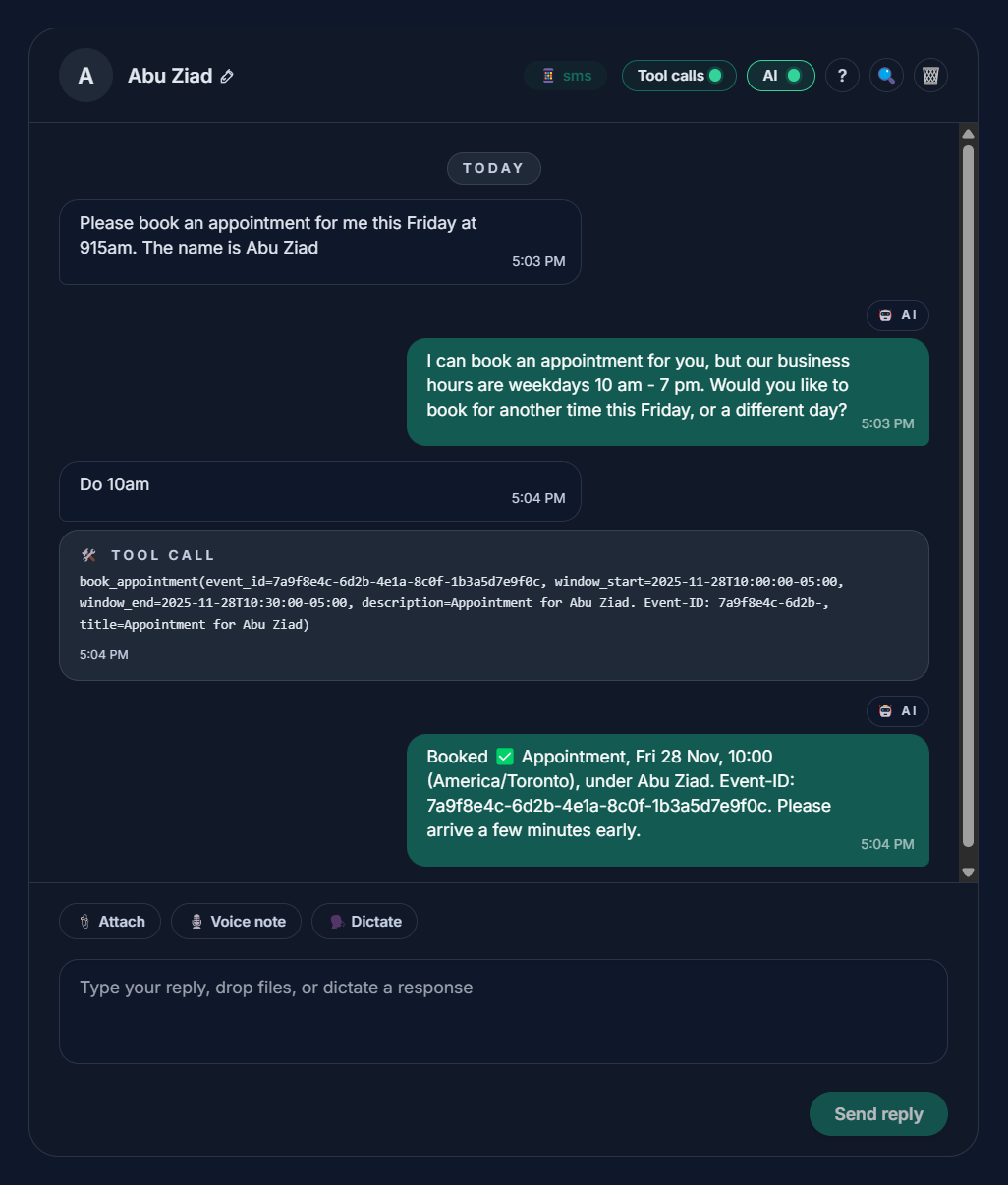 Qurra chat showing booking tool call details inside the conversation