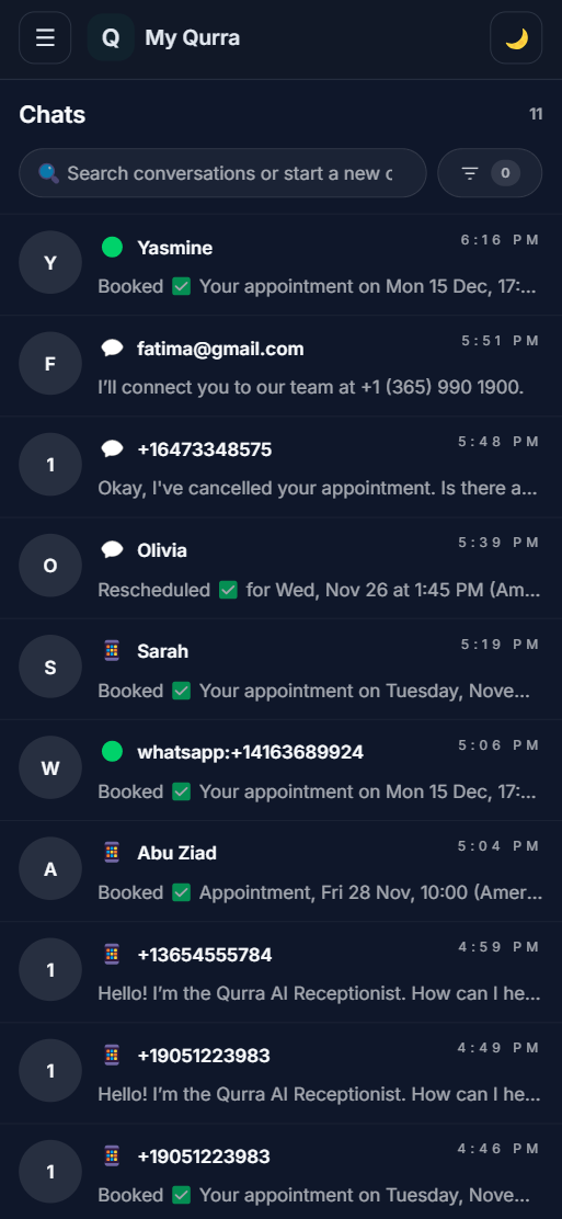Qurra mobile inbox showing conversations list