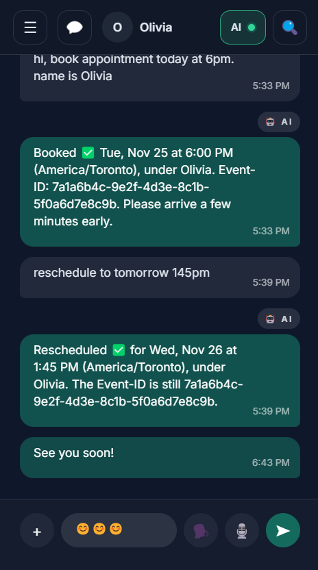 Qurra mobile chat showing live SMS booking conversation
